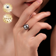 Black Natural Pearl Ring 11-12mm Freshwater Silver Adjustable Jewelry