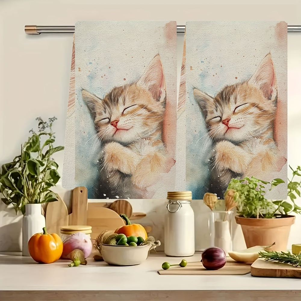 Set of 2 Ultra-Soft Kitchen Towels with Dreaming Kitten Design, Highly Absorbent