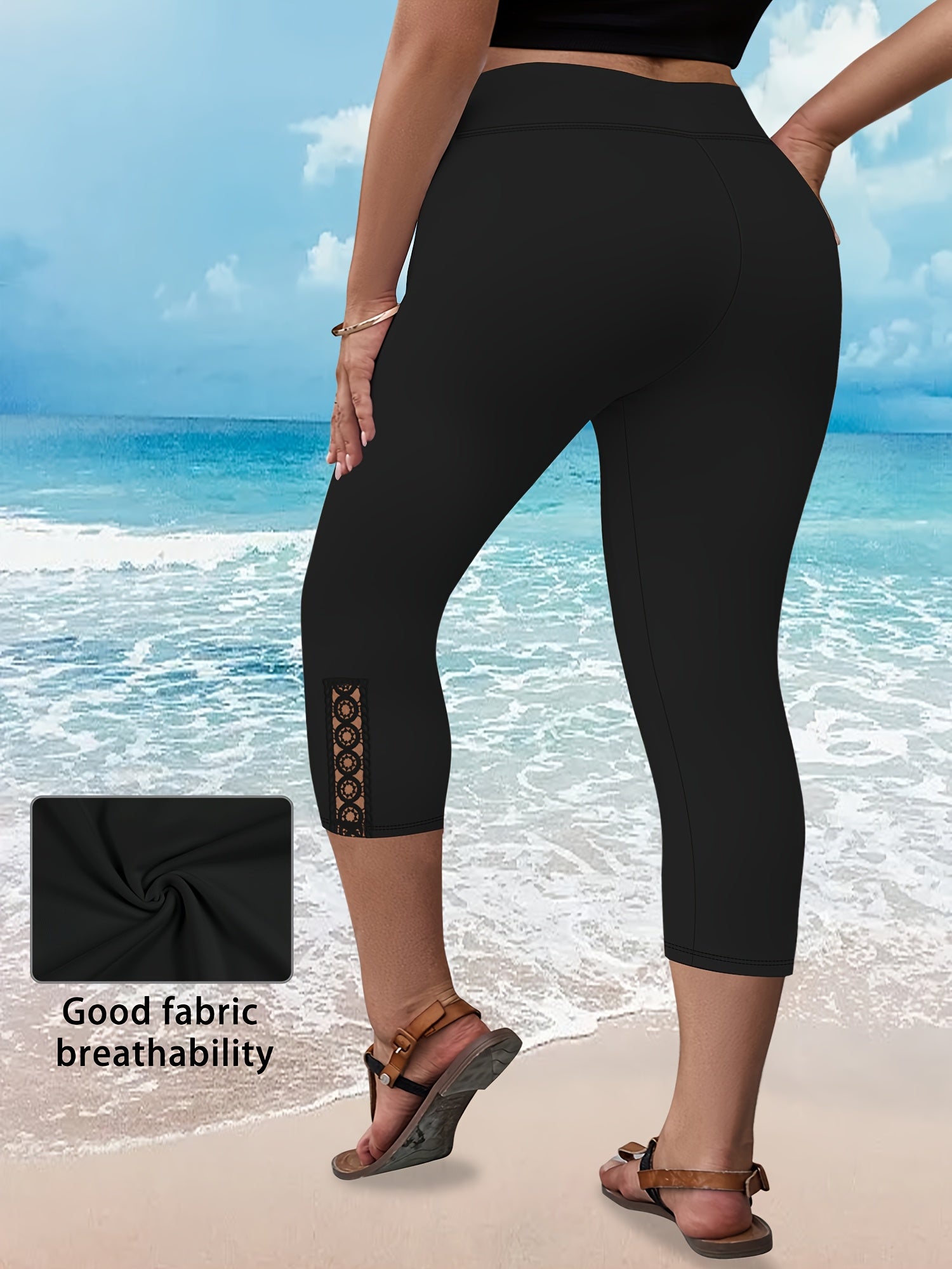 Women's Plus Size High-Waist Capri Leggings with Lace, Stretchy, Solid Color
