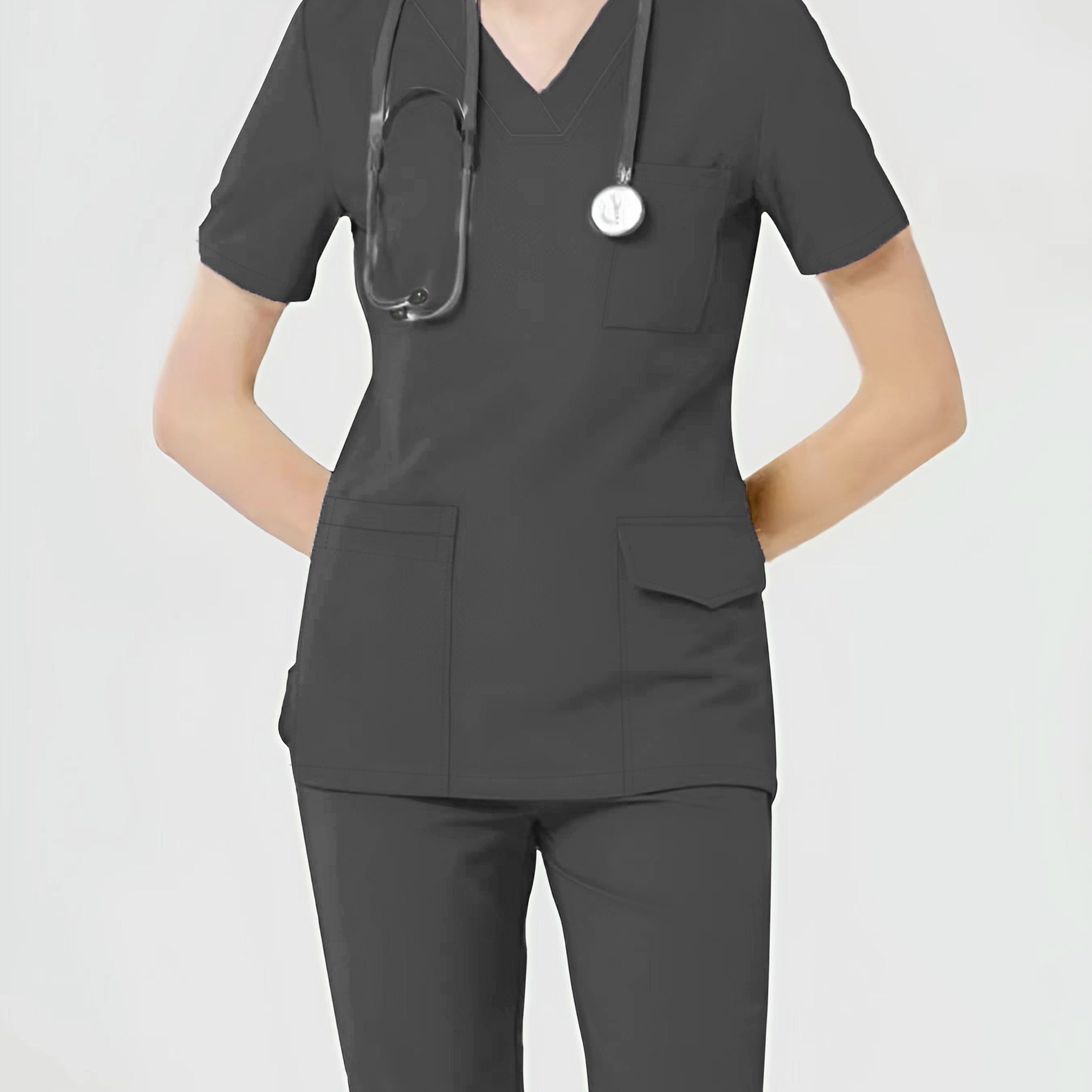 Women's Health Care Uniform Set V-Neck Top with Pockets and Solid Pants