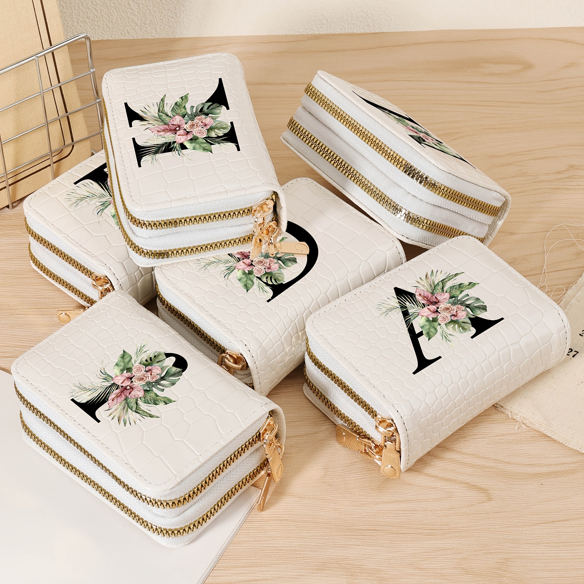 Cartera para tarjetas de crédito para mujer con estampado floral de letras, negro y blanco, gran capacidad, con cremallera y textura de cocodrilo en PU