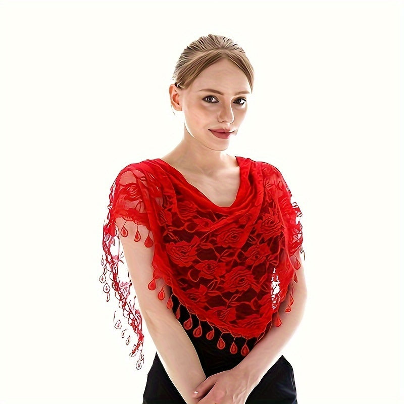 Women's Lace Shawl Triangular Mantilla Veil for Ceremonies with Tassel Accents