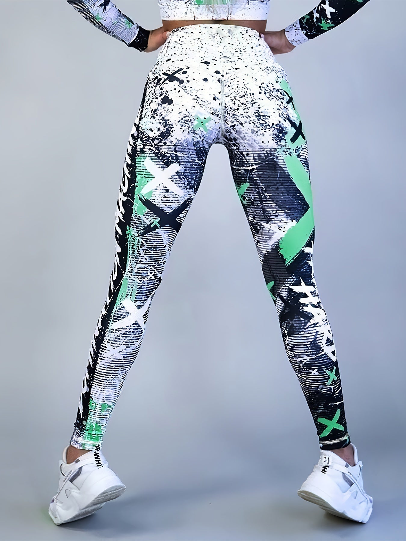 Women's High Waist Leggings with Color Block Graffiti Print Tummy Control Butt Lift for Running and Activewear