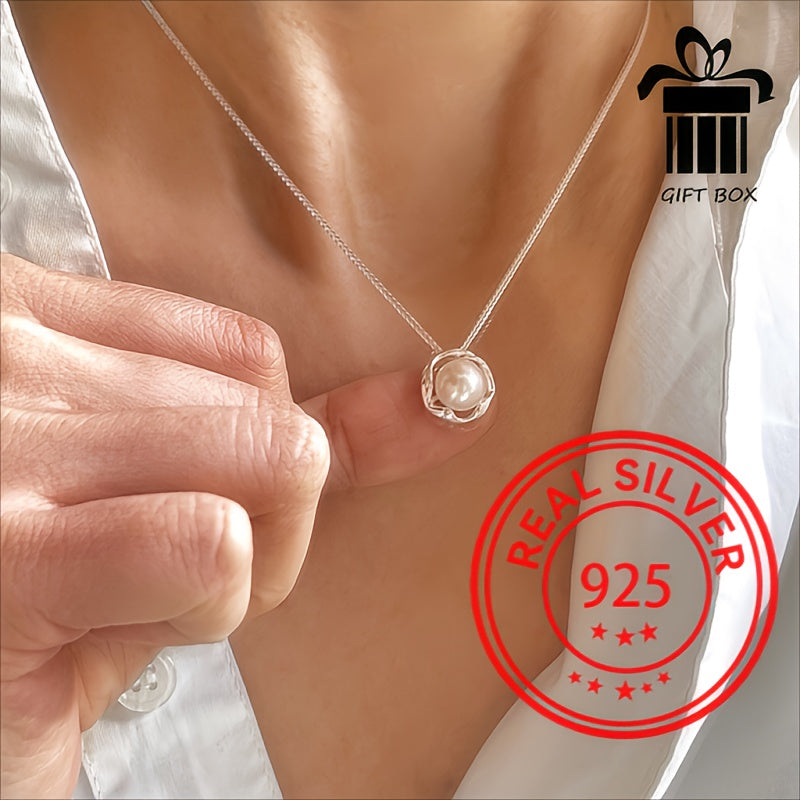 Women’s Sterling Silver Collarbone Necklace Geometric Pearl Minimalist Hypoallergenic