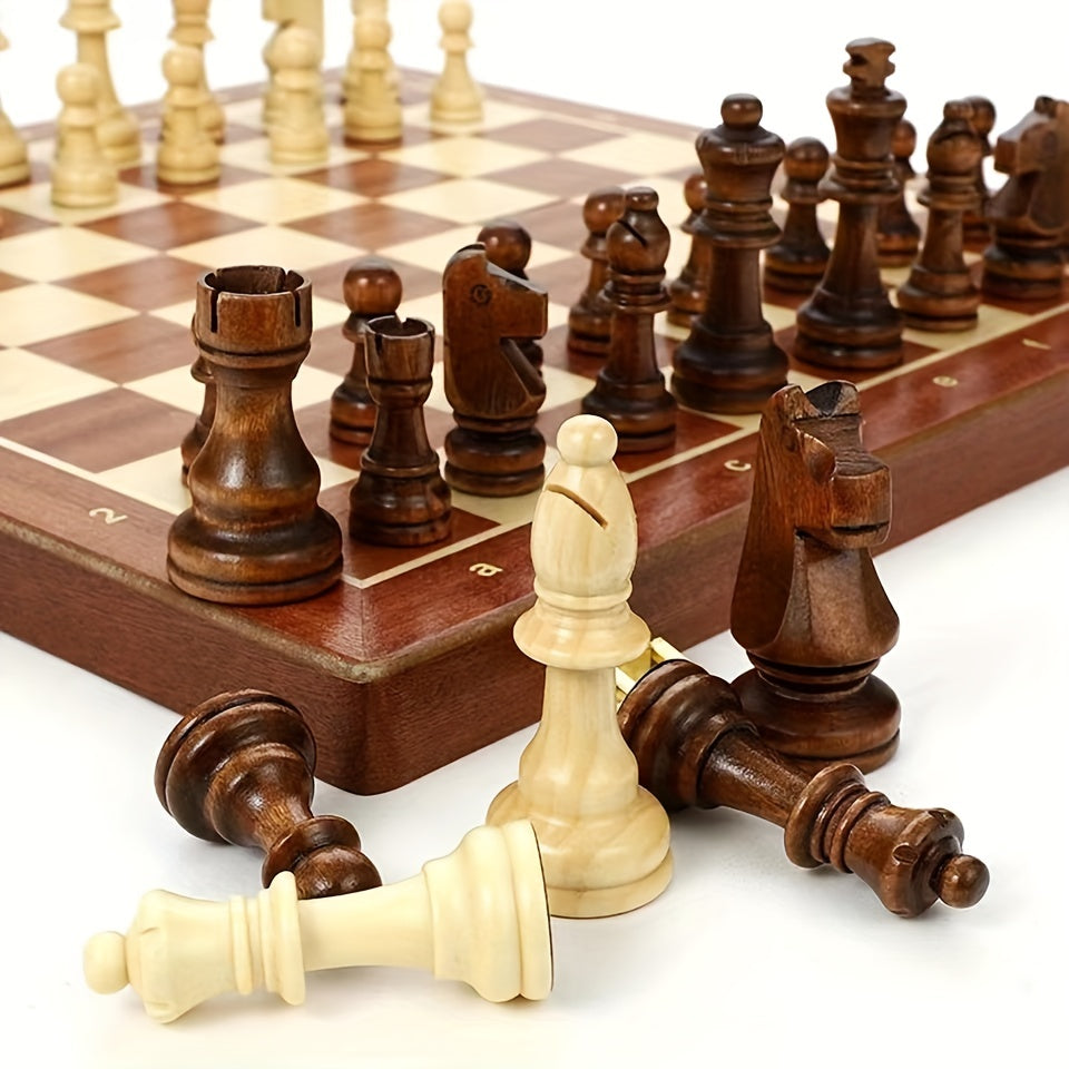 Solid Wood Chess Set with Folding Walnut Checkerboard and Internal Storage 15 Inch
