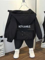 Kids Boys Hooded Jacket with Zipper Loose Fit Spring Autumn Letter Print