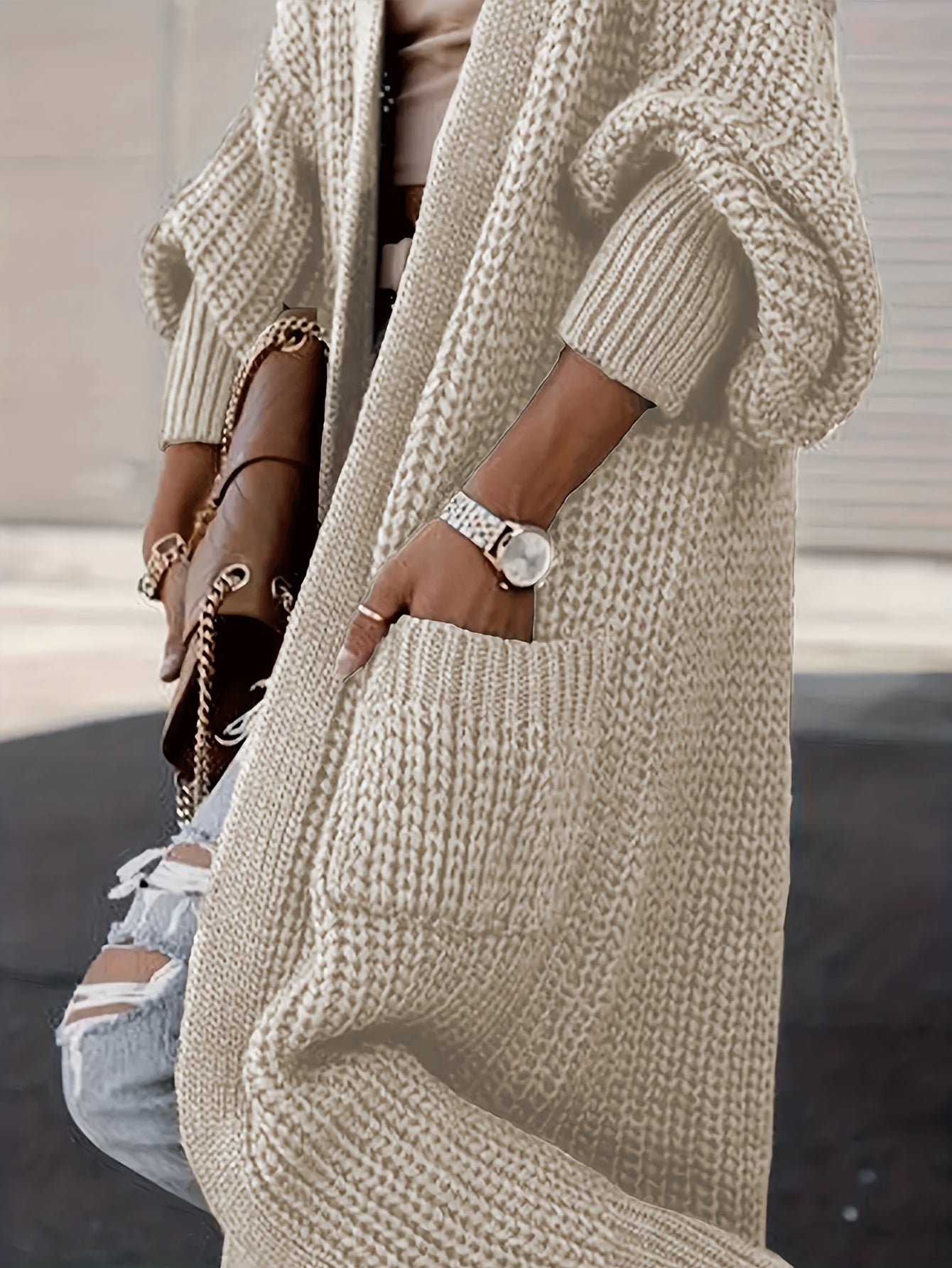 Plus o'lcham ayollar uchun kardigan, oddiy trikotaj sviter, cho'ntaklar bilan, kuz va qish uchun