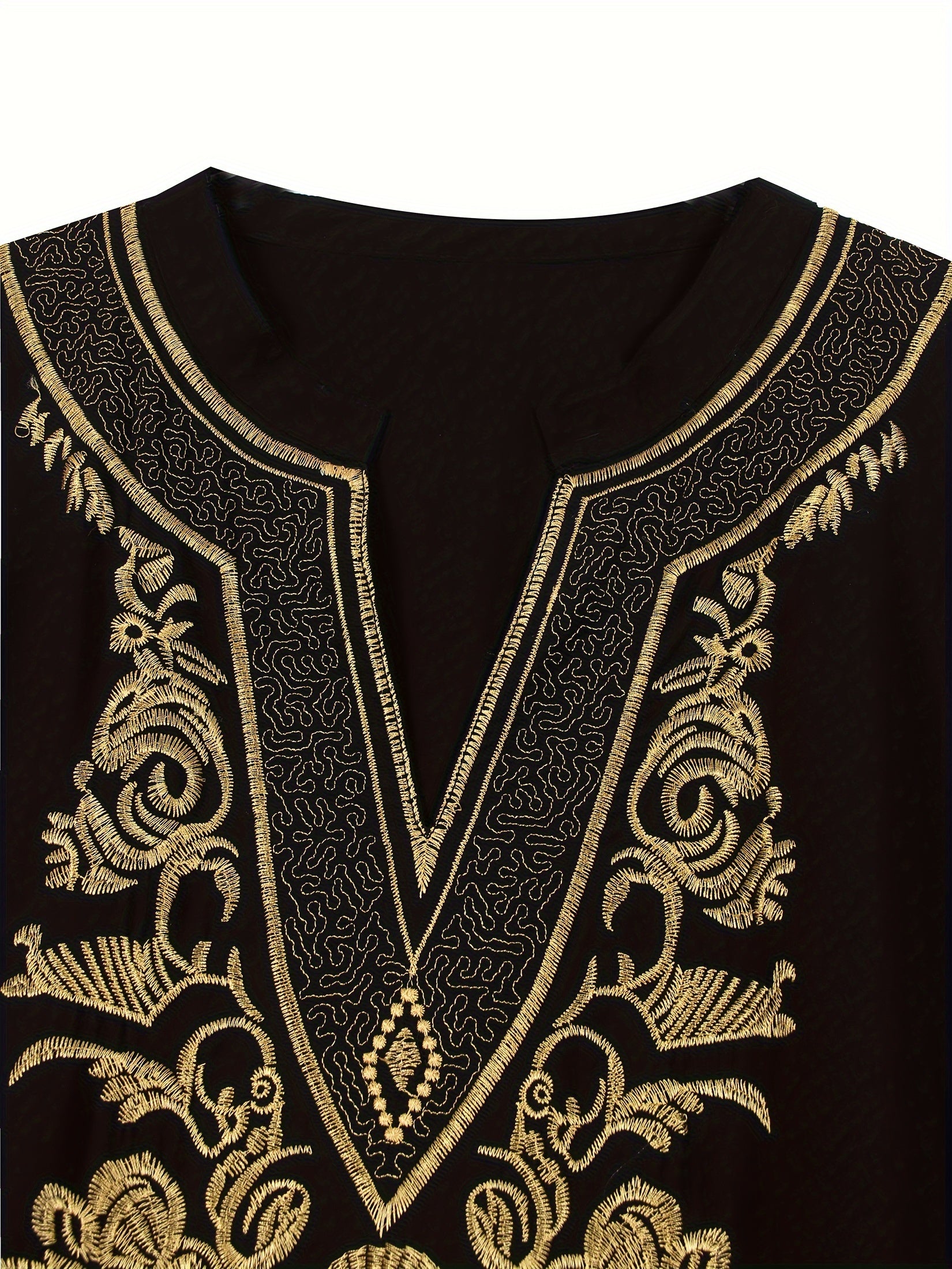 Plus Size Floral Embroidered Maxi Kaftan Dress with Notched Neck and Batwing Sleeves