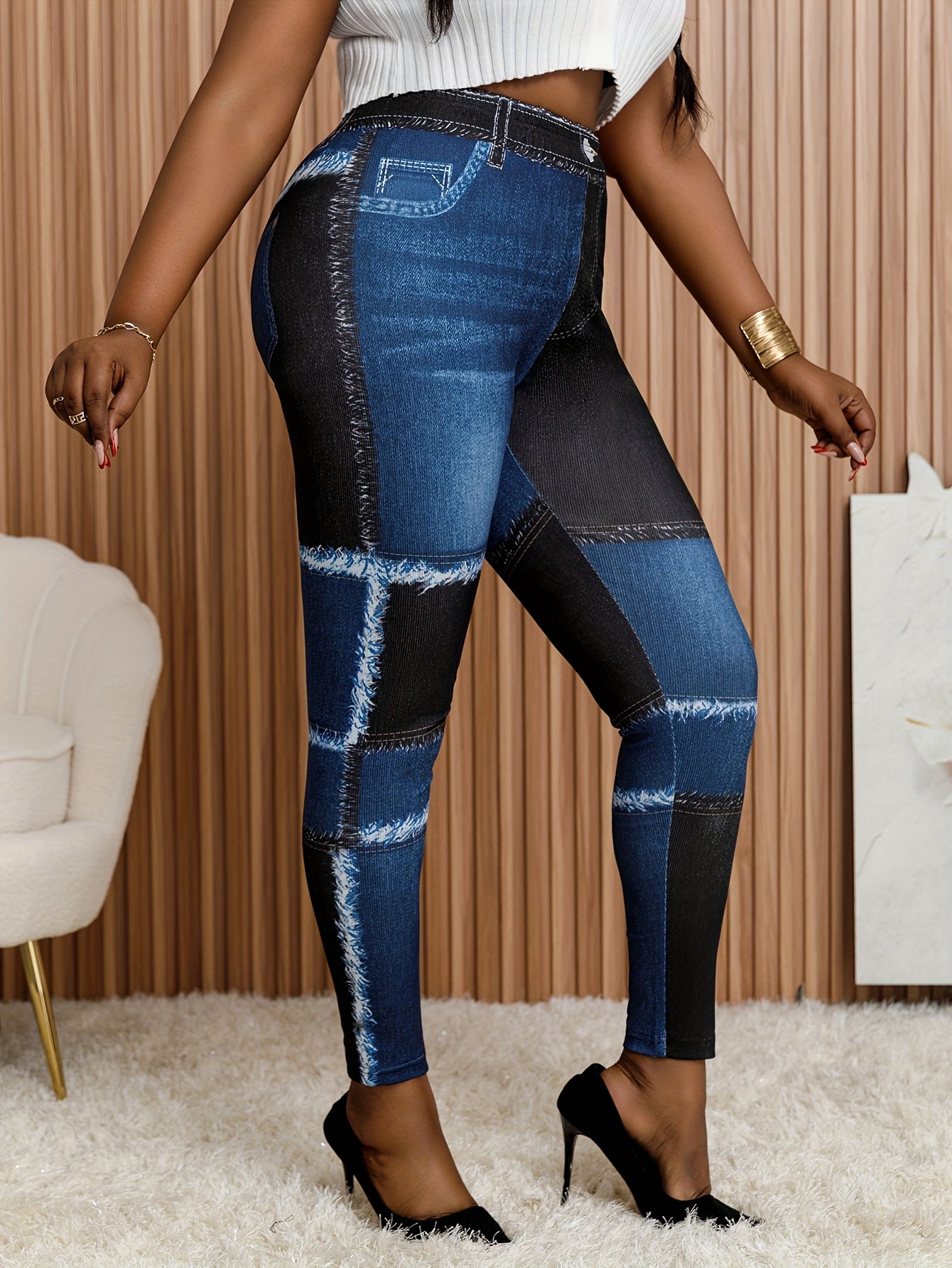 Women's High-Waisted Denim-Style Leggings Black and Blue Two-Tone Stretch