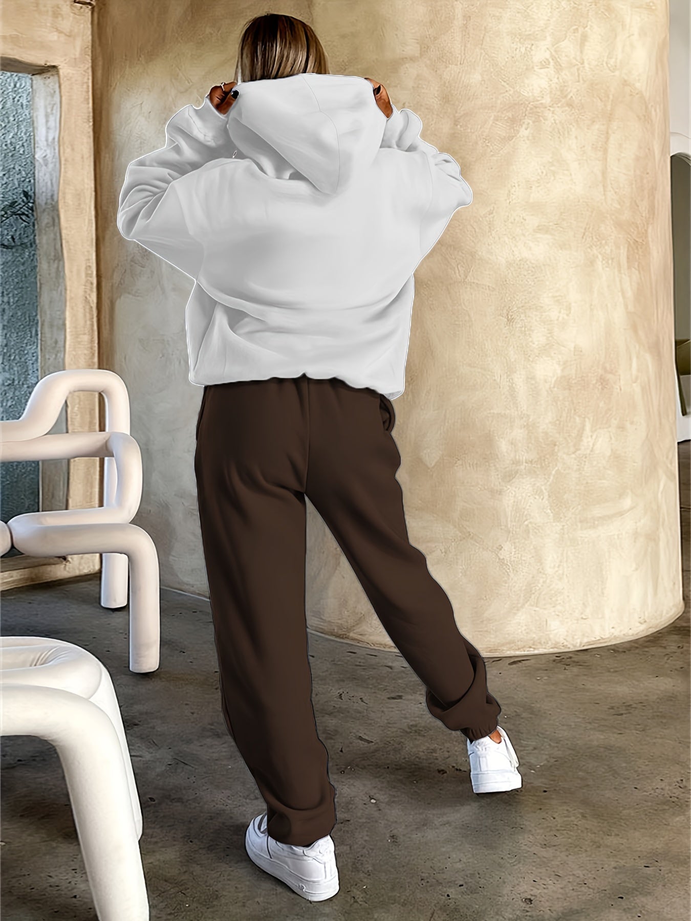 Conjunto casual de 2 piezas para mujer, sudadera con capucha de manga larga y pantalones con patrón de letras, de punto de poliéster