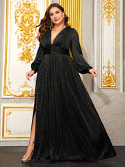 Plus Size Black V-Neck Lantern Sleeve Gown with High Slit for Weddings