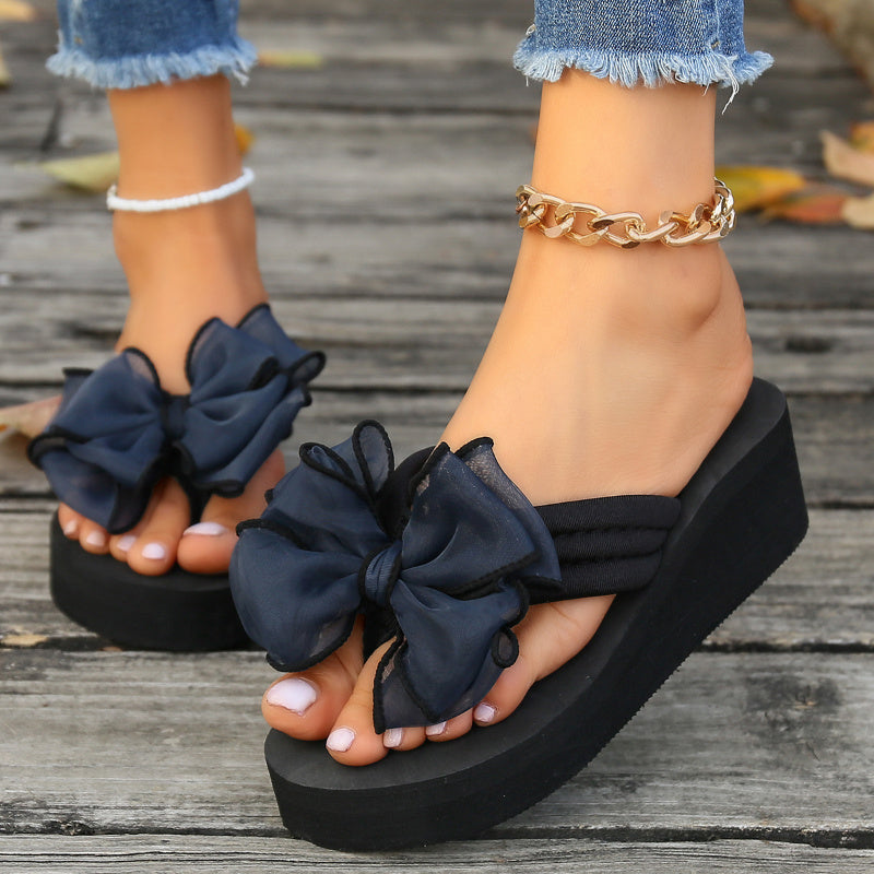 Women's Black Platform Flip-Flops with Bowknot Summer Open Toe Sandals