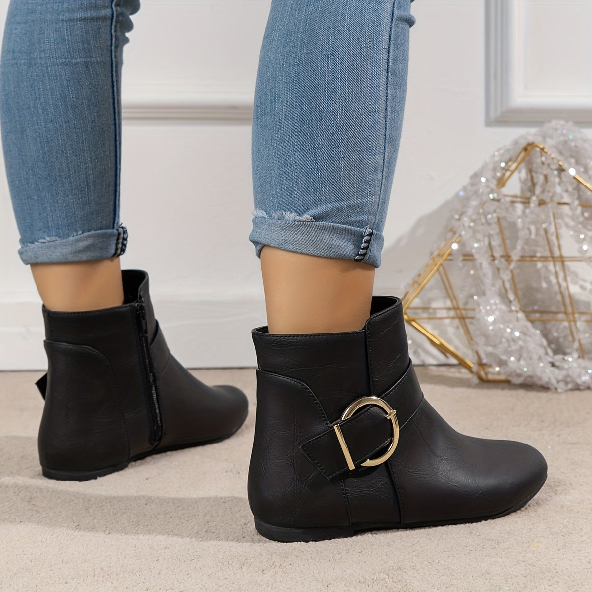Women Leather Side Zipper Ankle Boots with Big Buckle