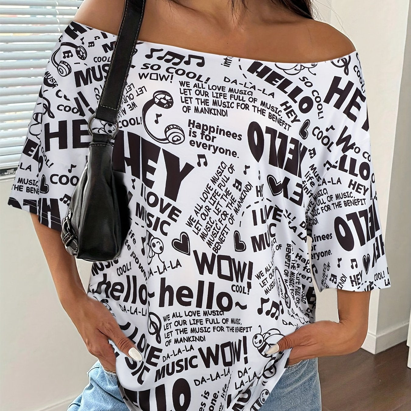 Women's Plus Size Off-Shoulder T-Shirt Casual Letter Print Black White