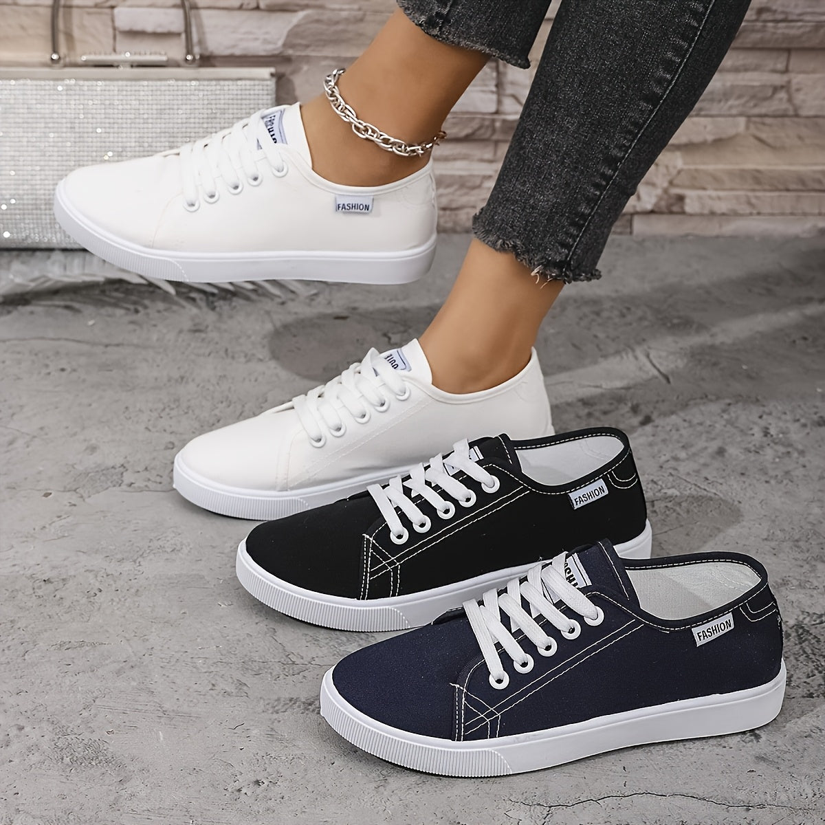 Women's Casual White andBlack Low-Top Sneakers with Soft Fabric Upper