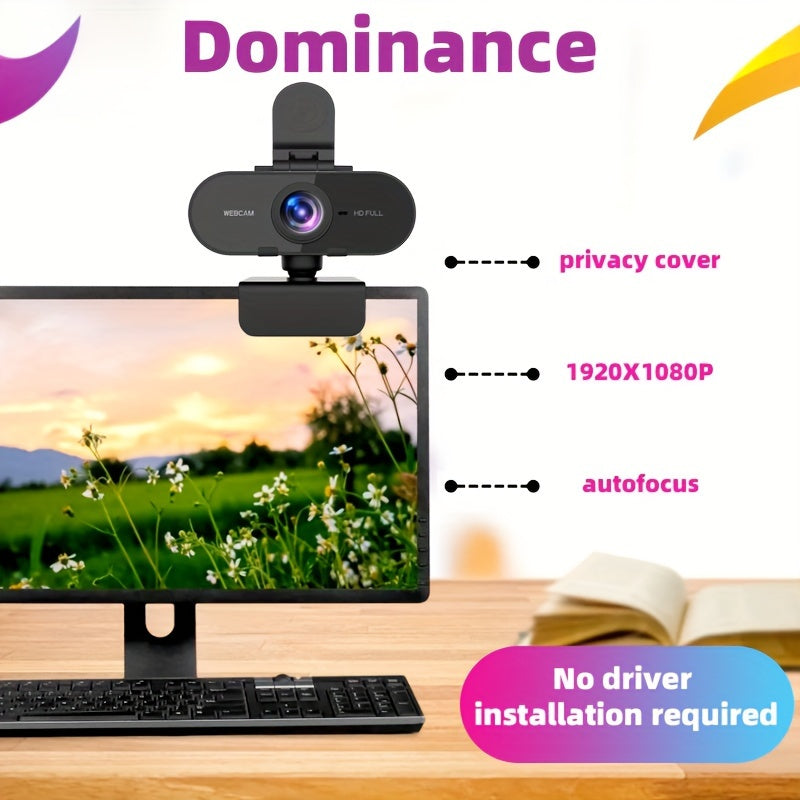 Full HD 1080P Webcam with Auto Focus USB Microphone Privacy Cover for Video Conferencing