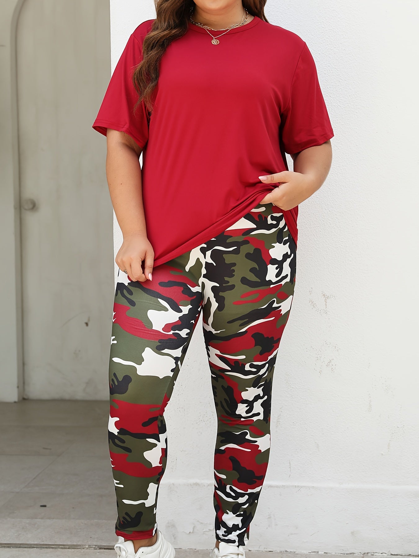Women Plus Size Activewear Set Camouflage Top Pants 2 Pieces