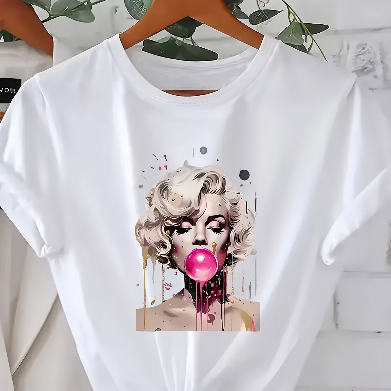 Camiseta casual de talla grande para mujer con estampado de chicle de Marilyn Monroe en tela suave y elástica