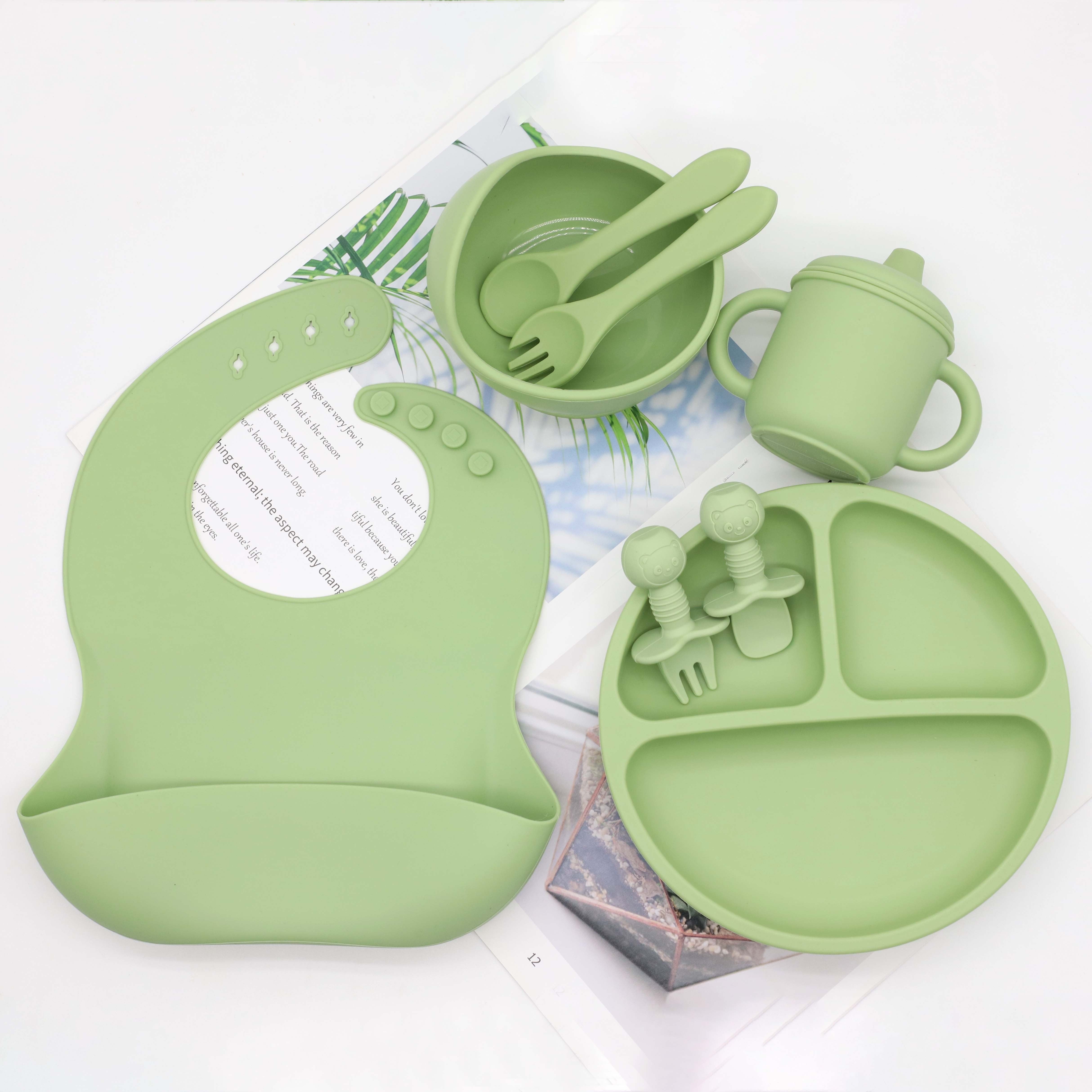 Set of 8 Food Grade Silicone Baby Tableware Including Bib Plate Bowl Cup Spoon Fork Gift