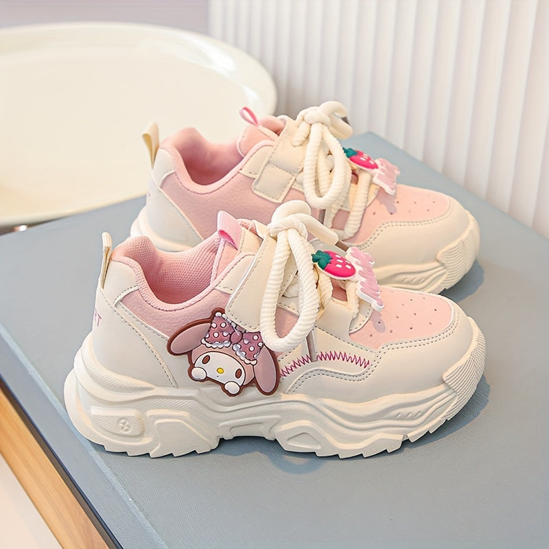 Girls' Pink and White Cartoon Sneakers with Easy-On Closure for Casual Outdoor Wear