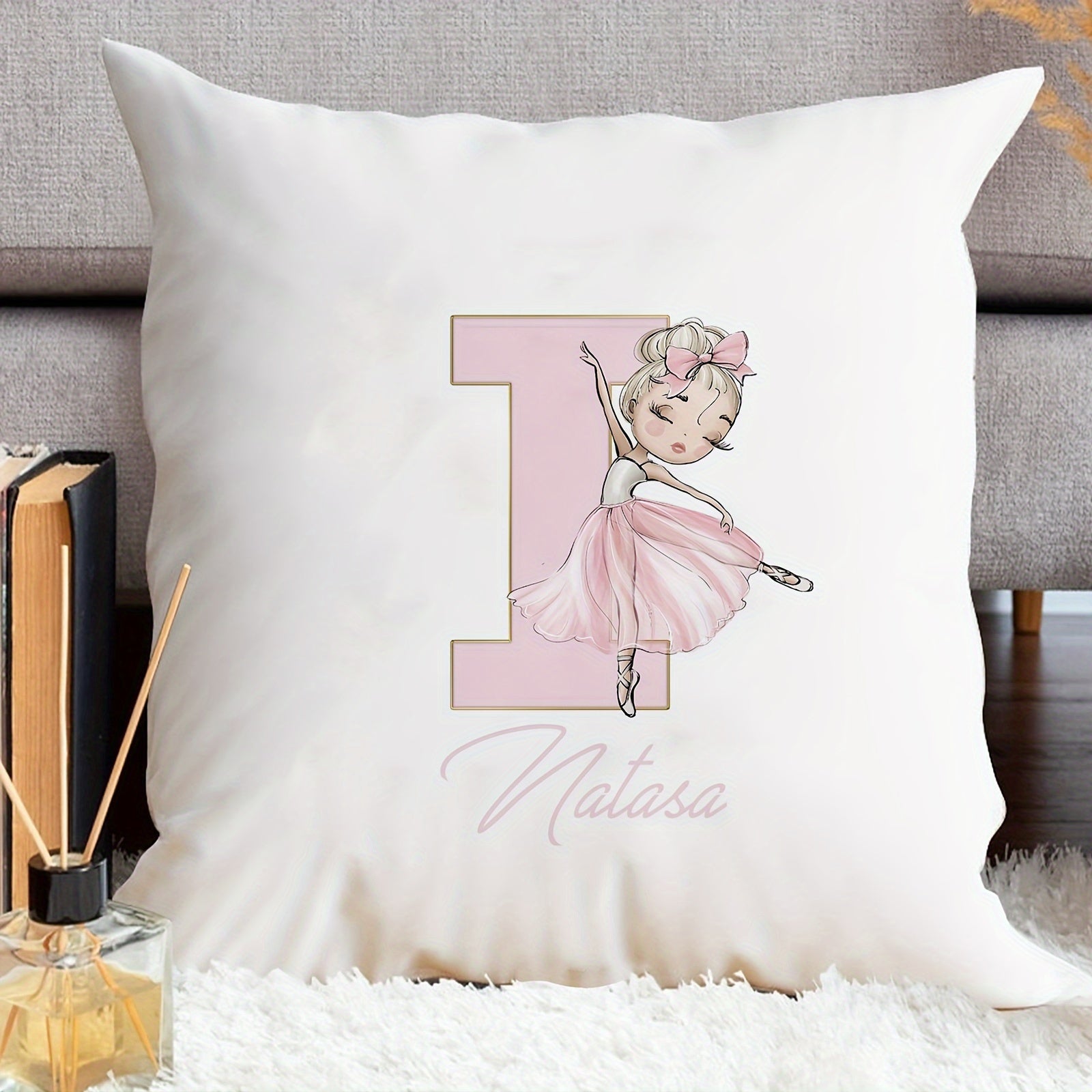 Shaxsiylashtirilgan samoviy yostiq qopqog'i, balet qiz dizayni bilan, pushti harflar, divan uchun dekor, bitta tomonli bosma