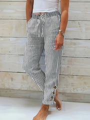 Women's Black And White Striped Cropped Pants Button Fly Straight Leg Casual Trousers