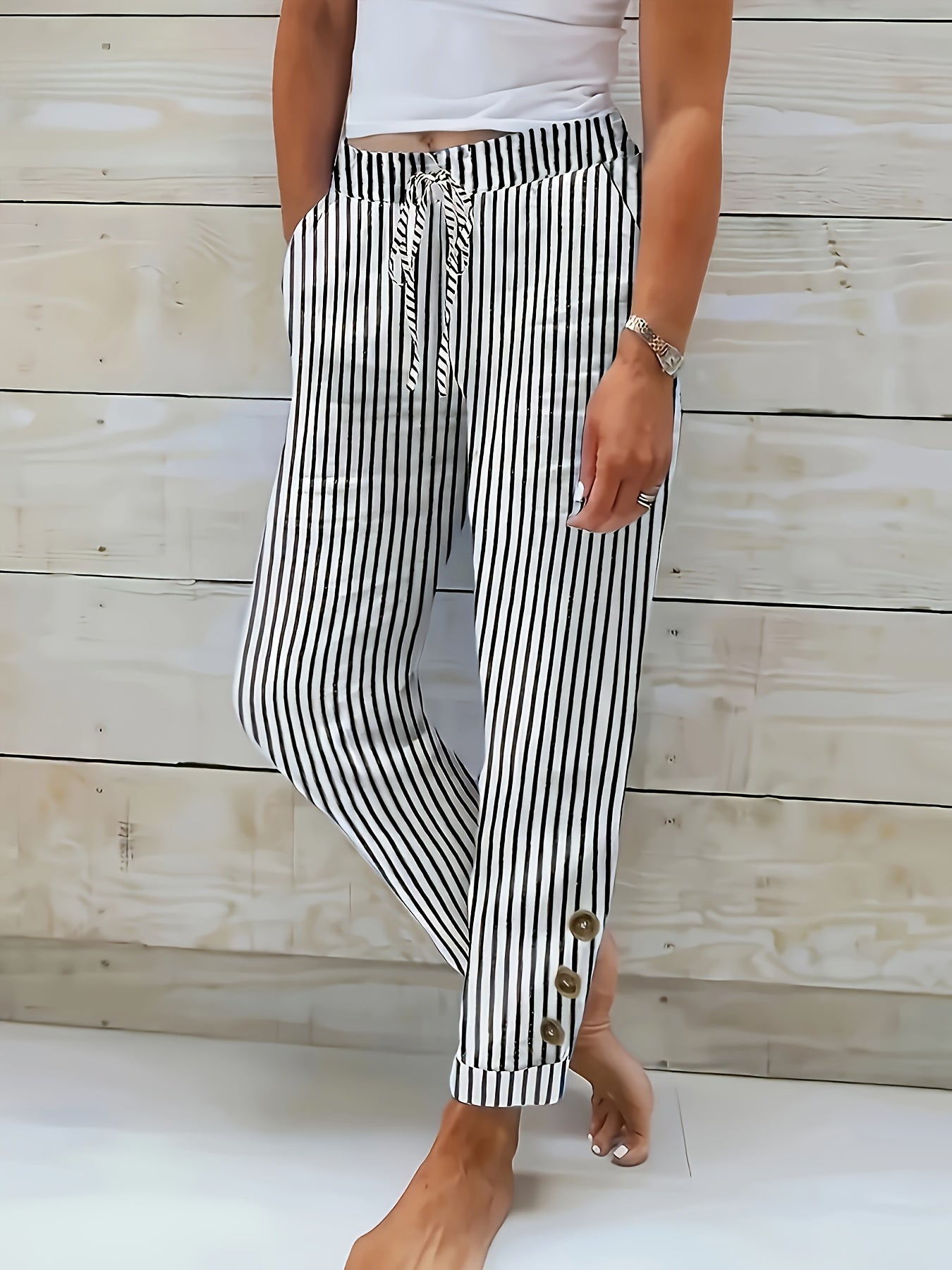 Women's Black And White Striped Cropped Pants Button Fly Straight Leg Casual Trousers