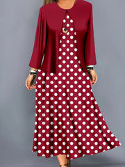 Plus-Size Green Polka Dot Midi Dress with Solid Cardigan Polyester Blend