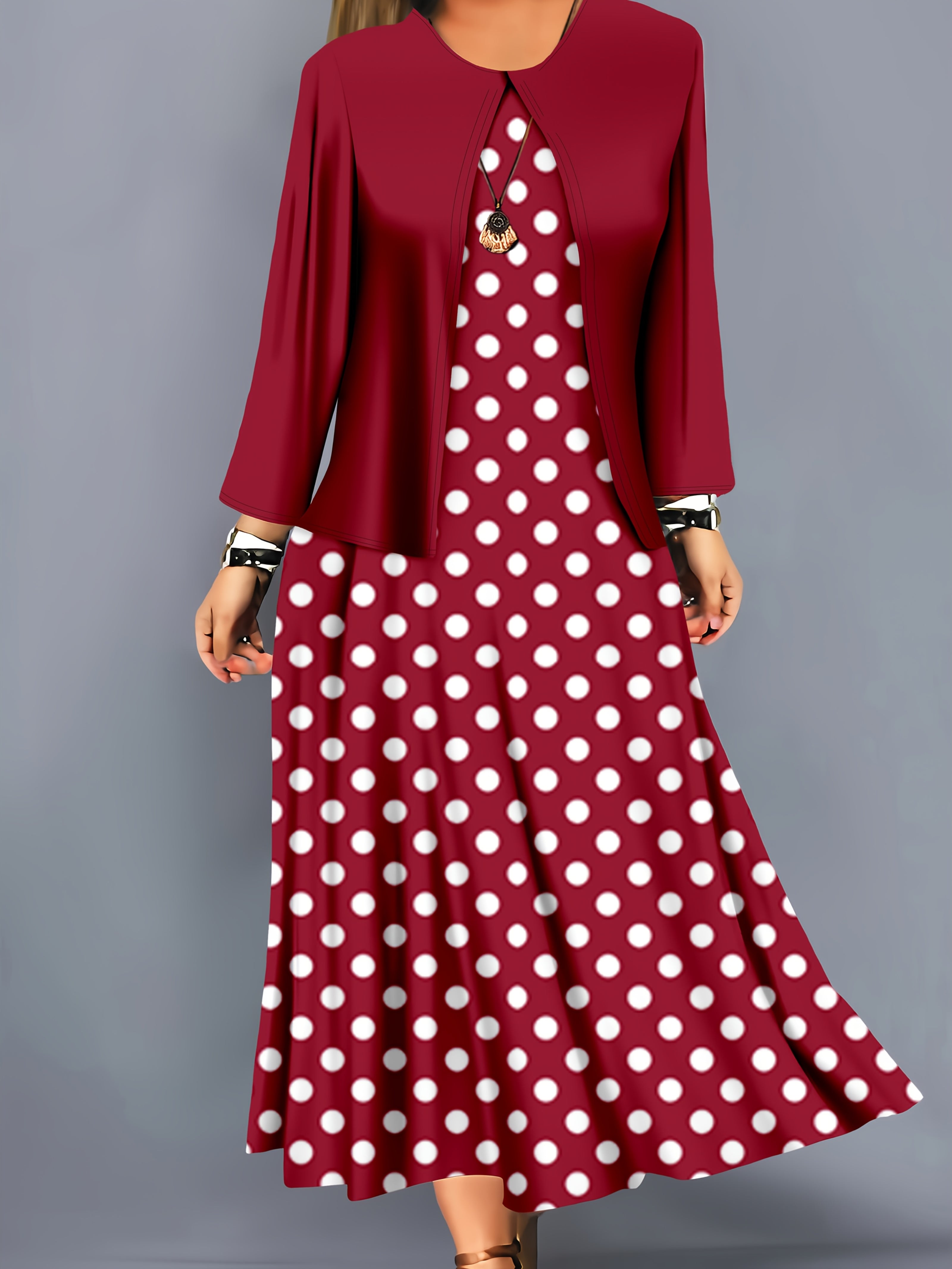 Plus-Size Green Polka Dot Midi Dress with Solid Cardigan Polyester Blend