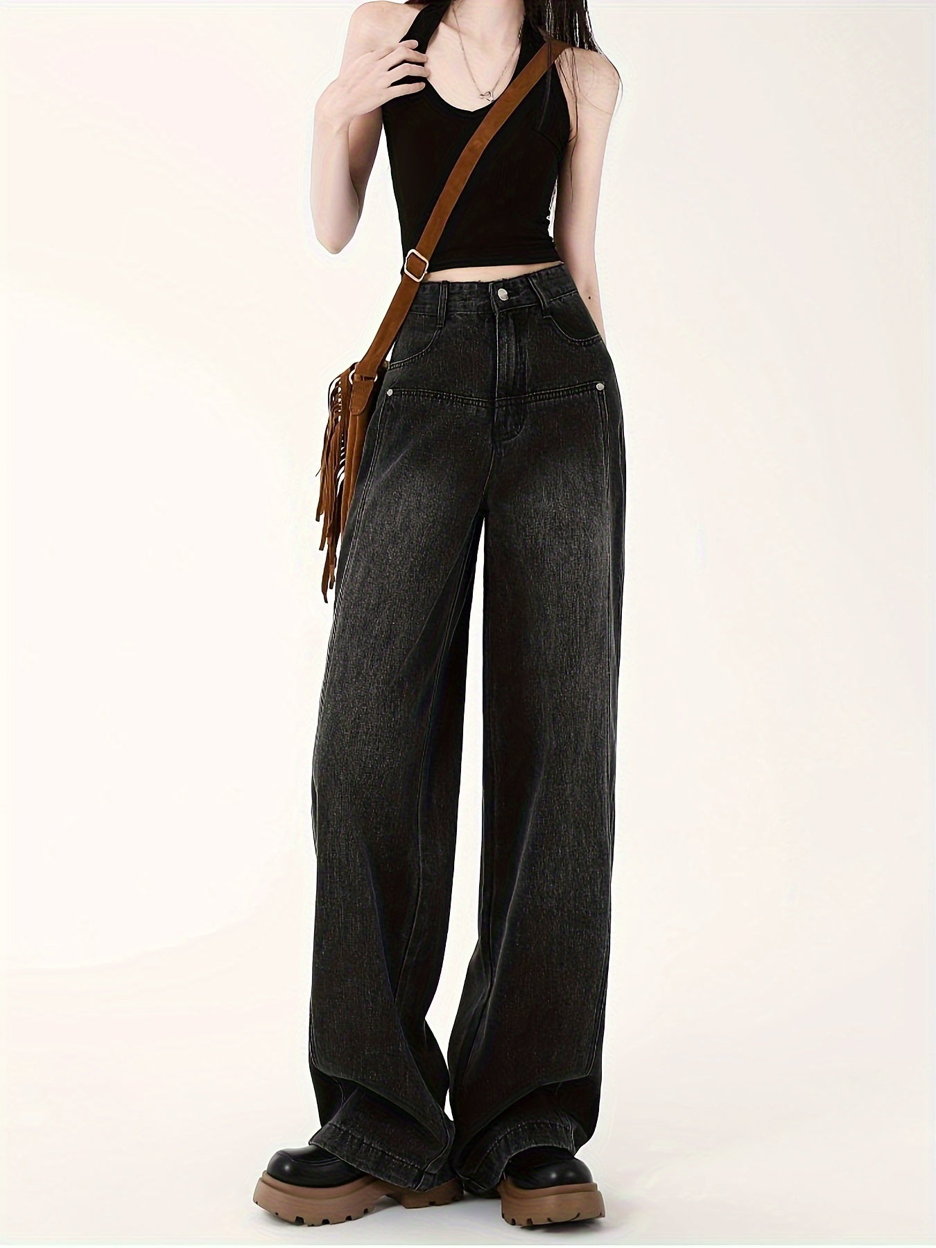 Women's High-Waisted Wide Leg Jeans Cotton Blend Long Length Solid Casual All-Season