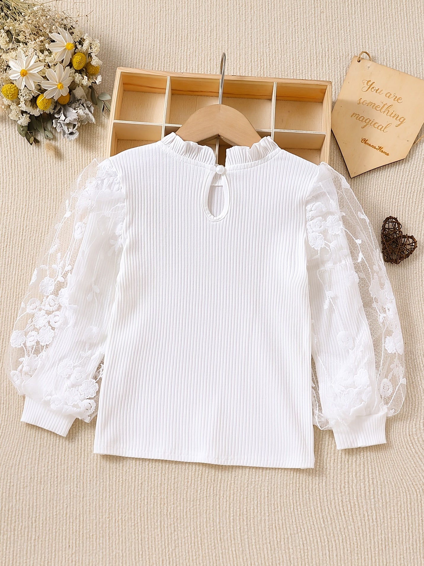Girls Long Sleeve Flower Lace Splicing Ruffle T-Shirt Cotton Casual