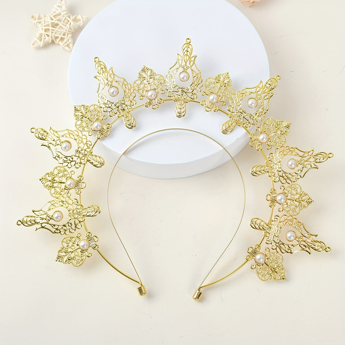Vintage Gold Hair Crown Tiara with Faux Pearl Headband for Women