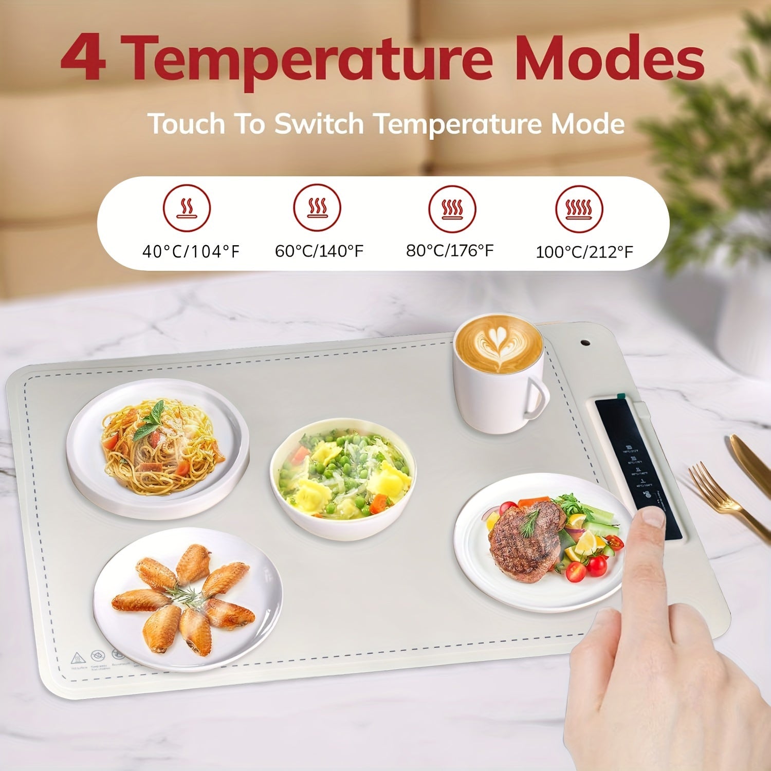 Bandeja de calentamiento de silicona eléctrica, 4 modos de temperatura, 220-240V, enchufe EU, tabla de aislamiento plegable