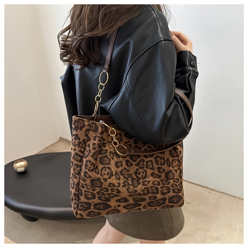 Leopard Print Tote Bag for Women Large Capacity Zipper Closure Fixed Straps Dark Brown
