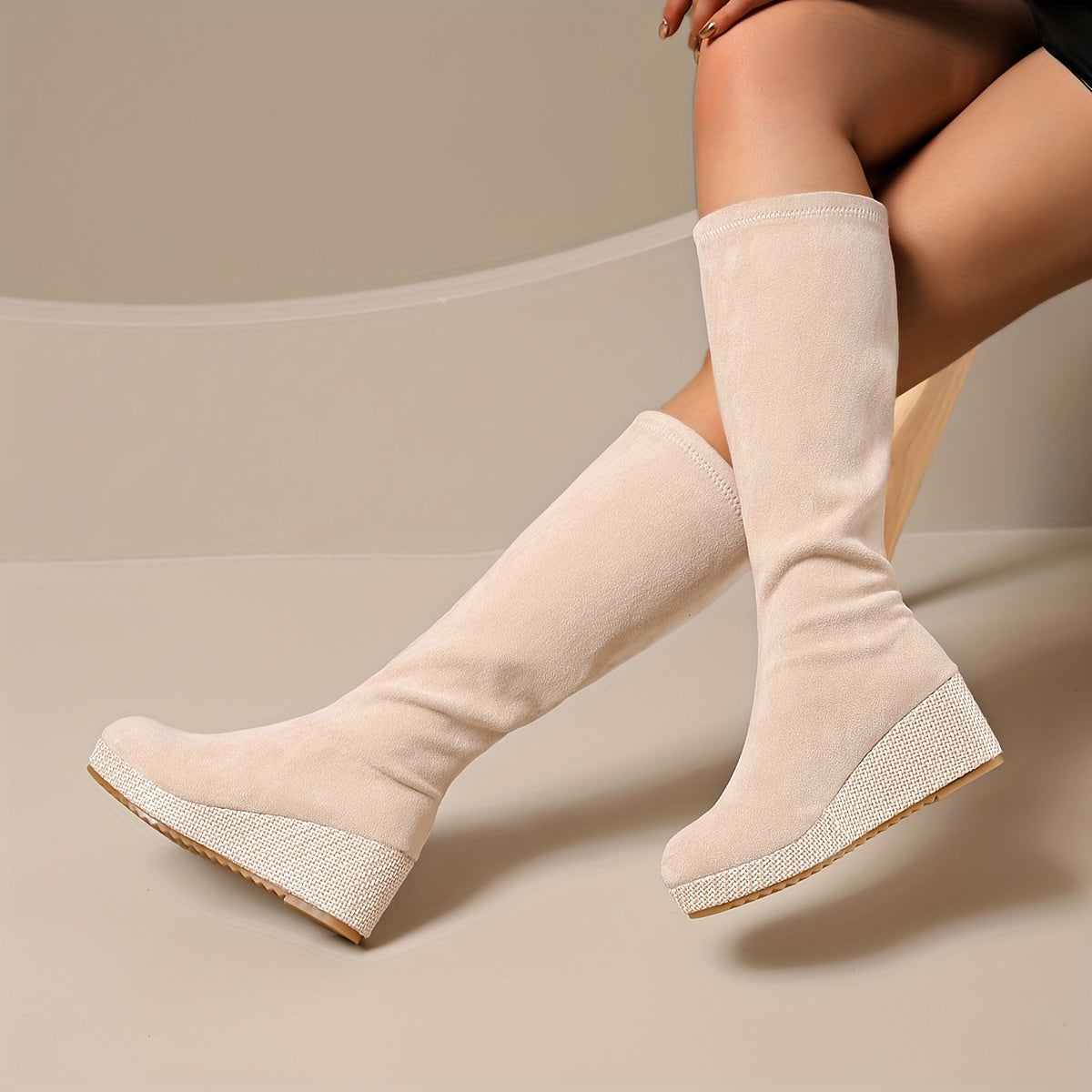 Women's Platform Wedge Ankle Boots Fabric Upper Black Solid Casual Formal