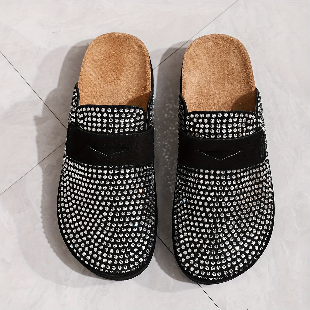 Women's Rhinestone Black Slip-On Mules with Thick Rubber Sole and Round Toe