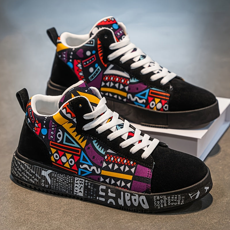 Men's High-Top Fabric Casual Sneakers Slip-Resistant Plaid Lace Shoes