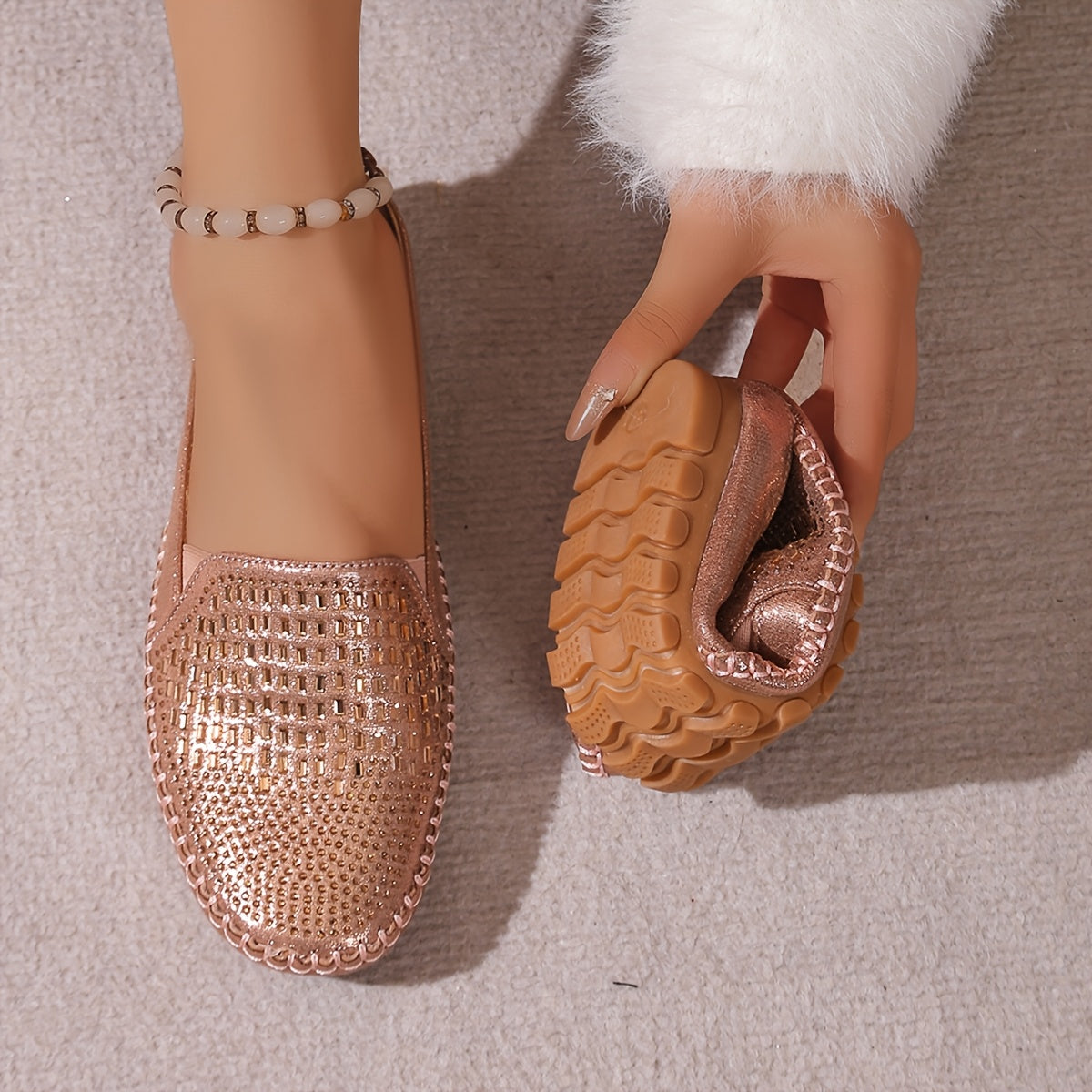 Zapatillas casuales para exteriores para mujer, zapatos planos ligeros con detalles de lentejuelas