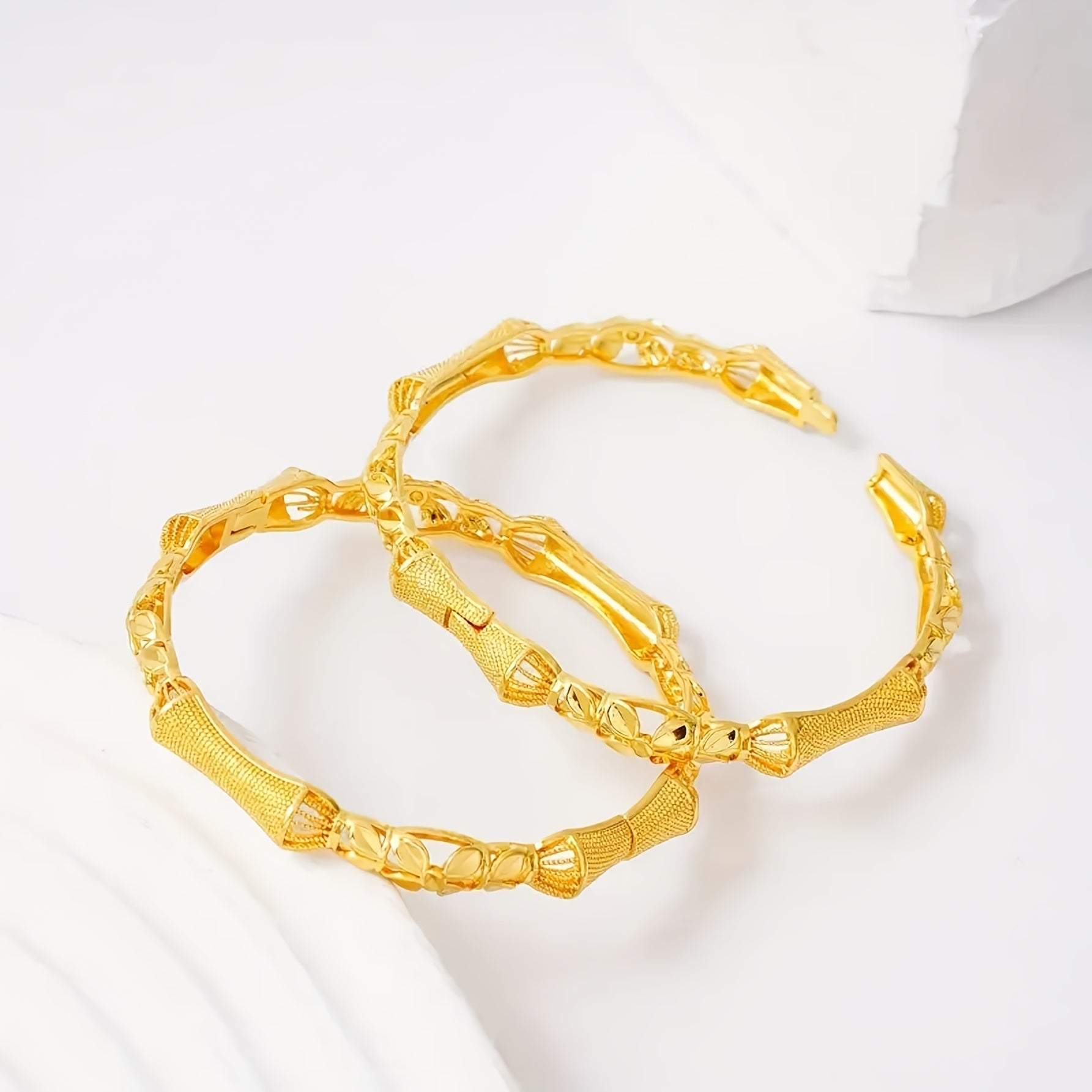 Set of Four 18K Gold-Plated Copper Tribal Style Bangle Bracelets for Women