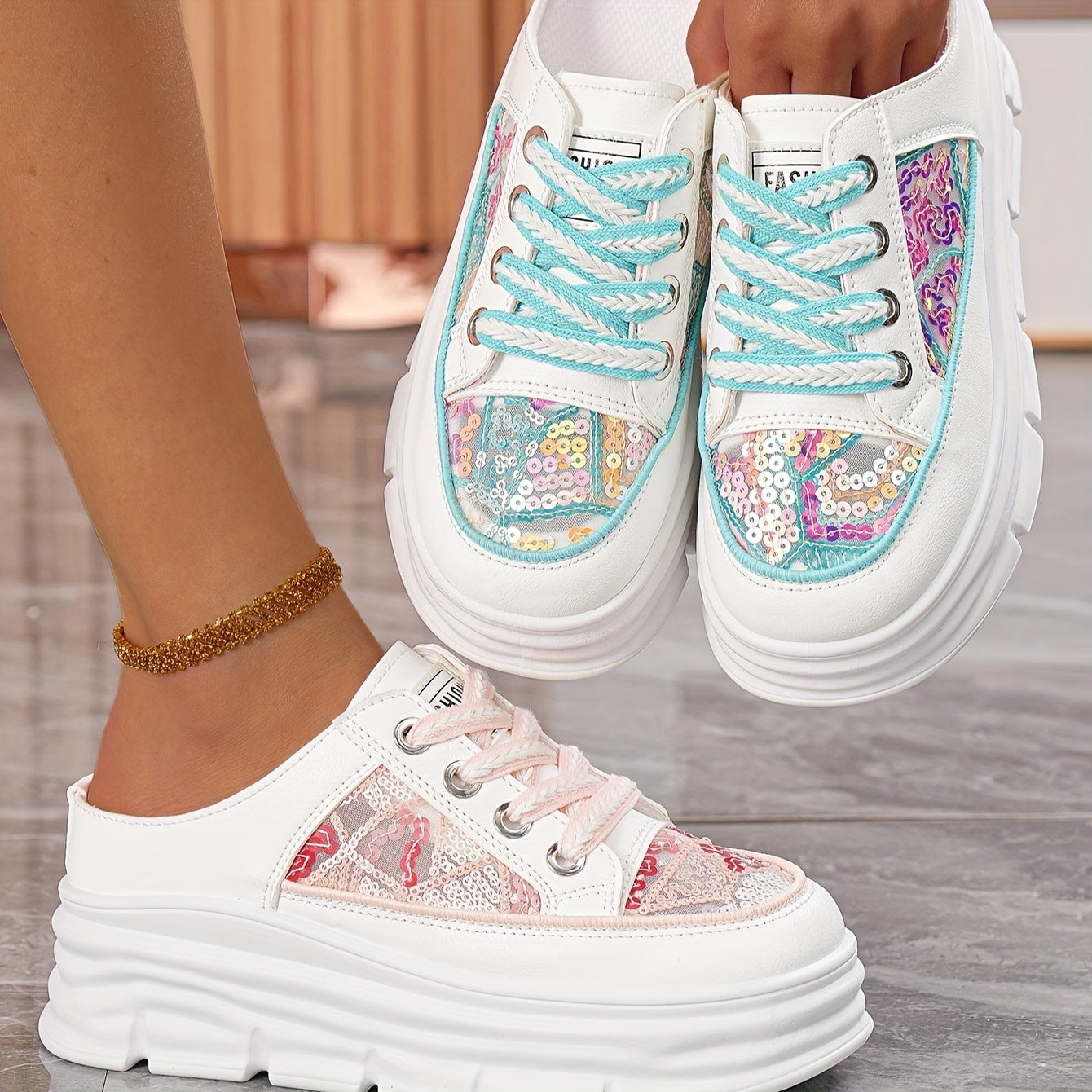 Women's Summer Platform Sneakers with Sequin Accents Breathable PU Rubber Sole