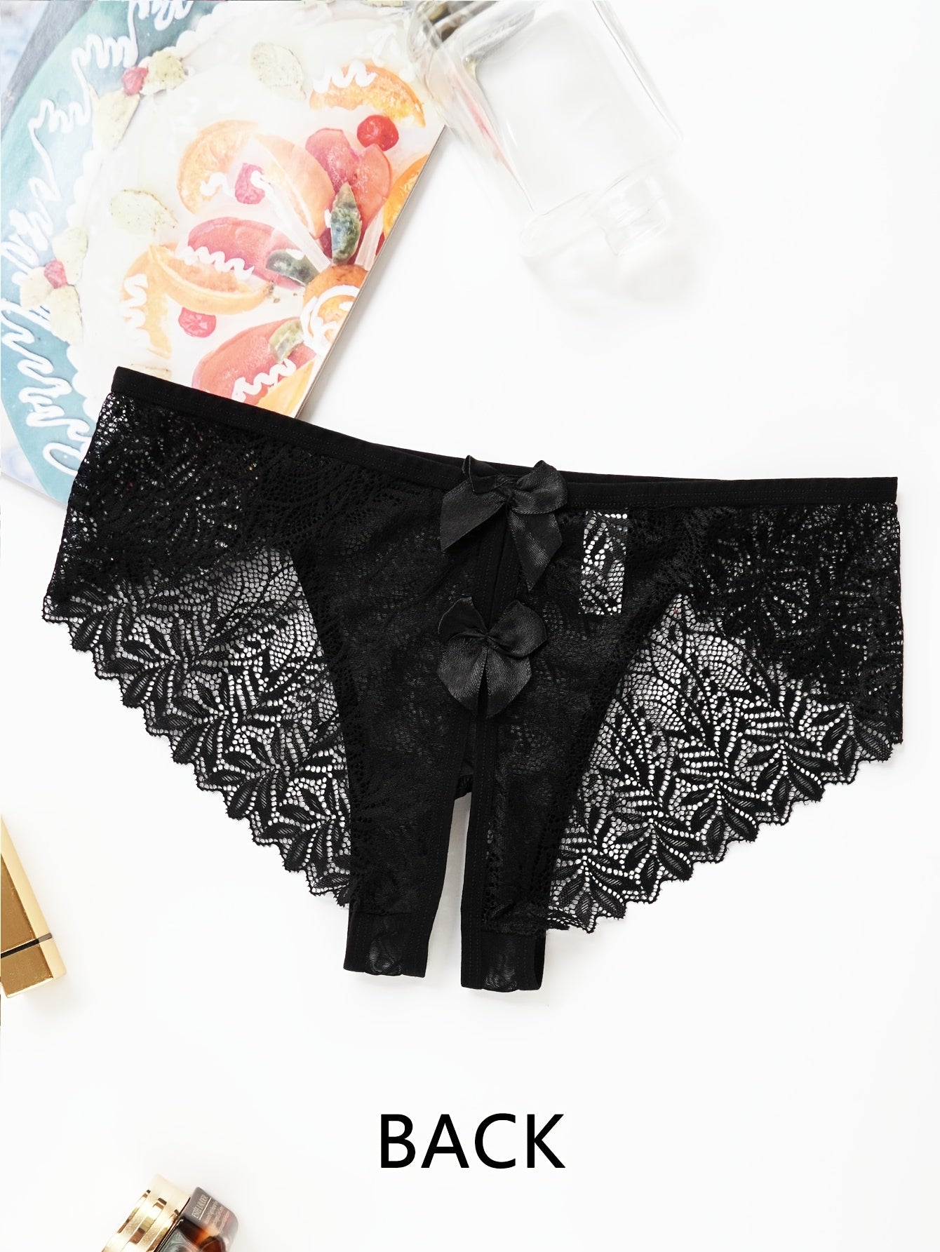 Women's Crotchless Lace Briefs with Butterfly Design and Bow Solid Color Lingerie