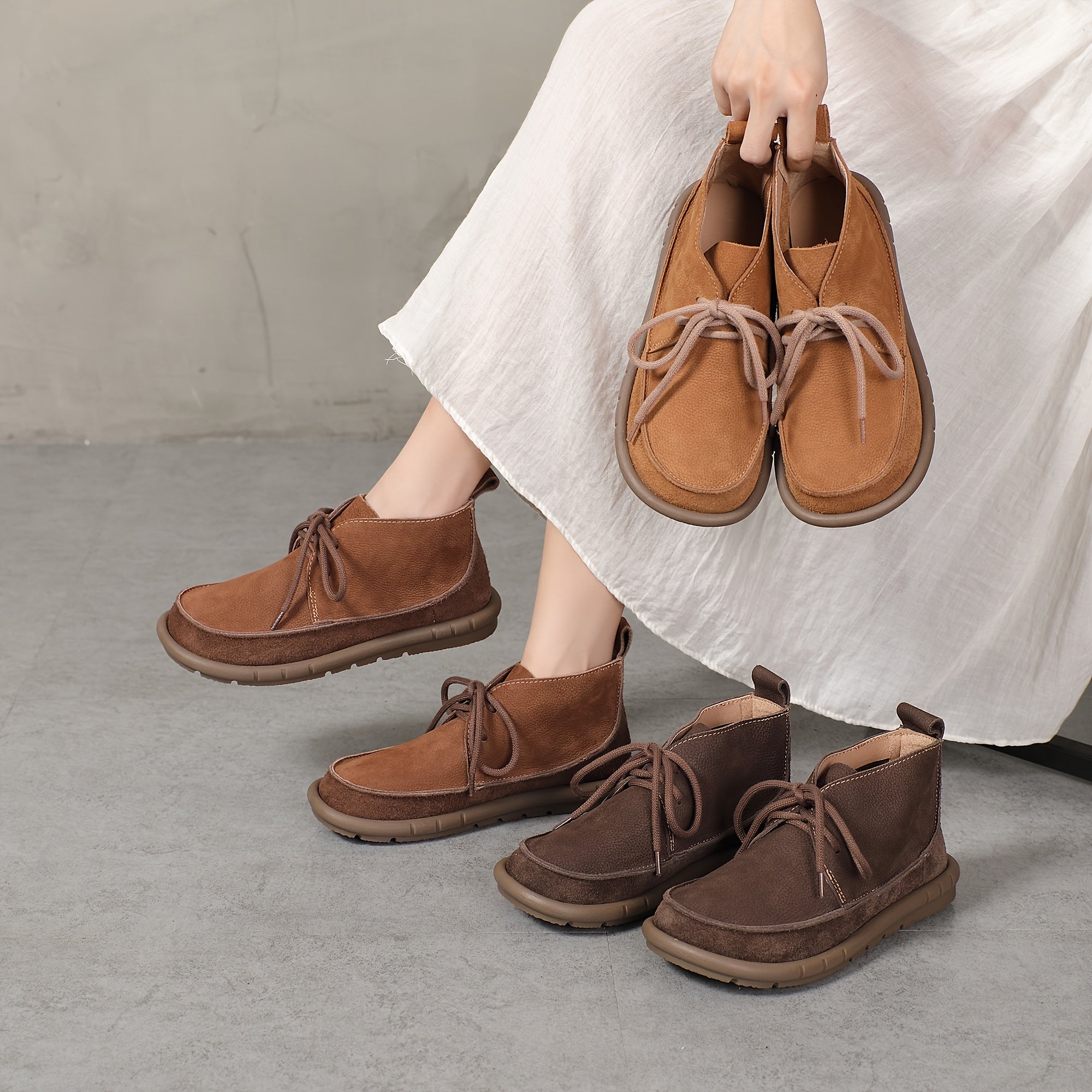 Women Cow Leather Ankle Boots Solid Color Lace-Up Flat Heel All-Season