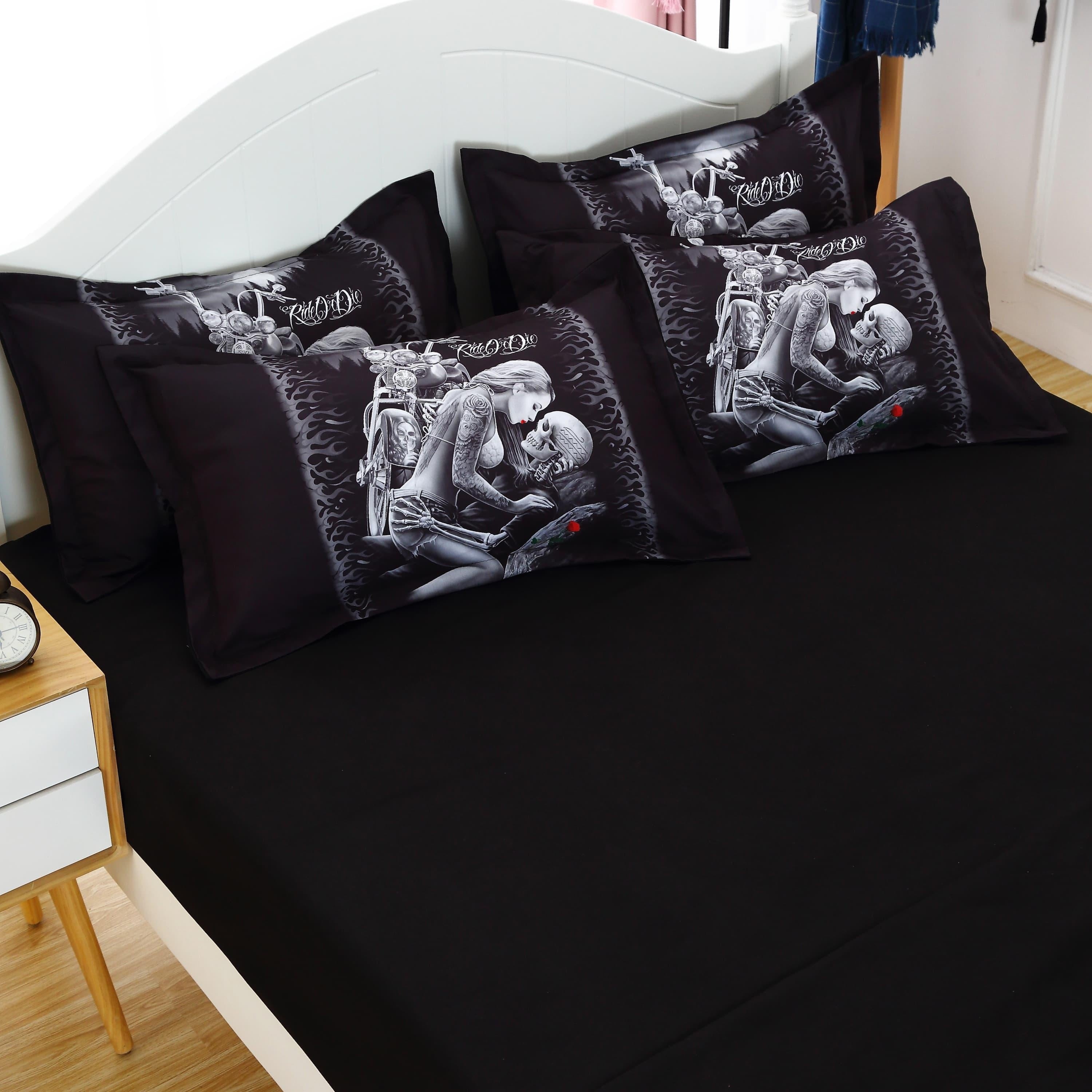 Skull Rose Print Duvet Cover Set with Pillowcases for Bedroom or Guest Room