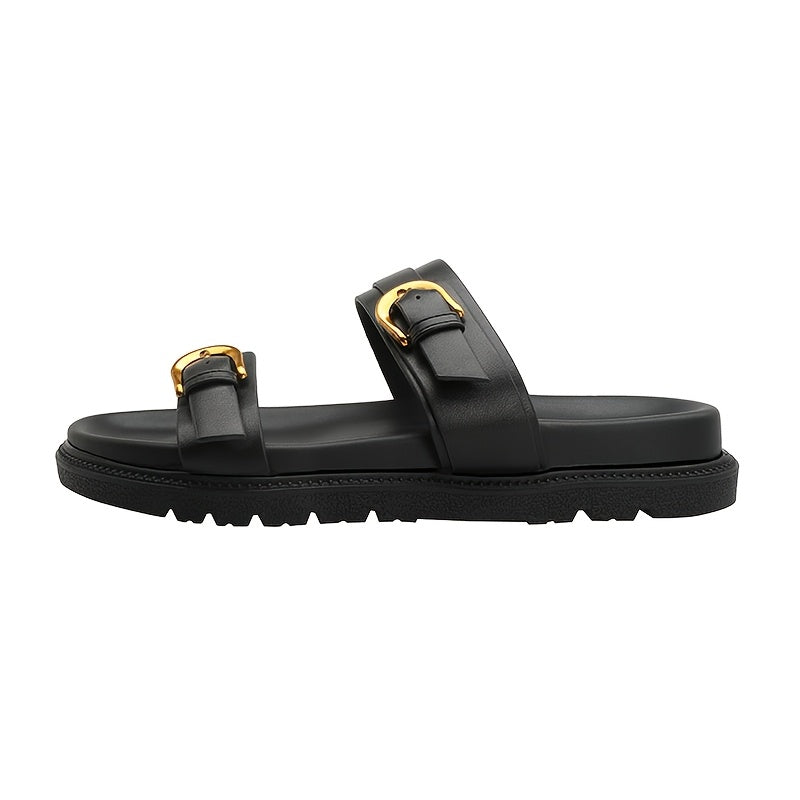 Women's Black Flat Sandals with Buckle Closure, Round Toe, Thick Sole