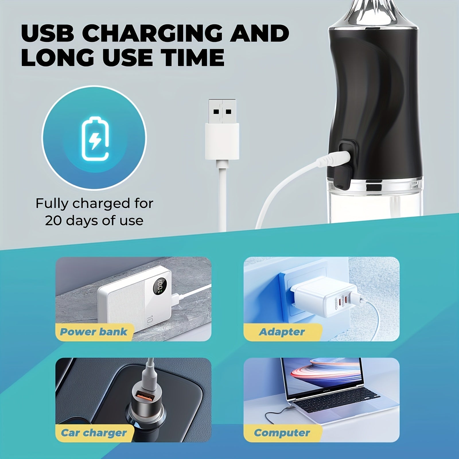 Hilo dental eléctrico para adultos, limpieza profunda de dientes y encías, rotación de boquilla