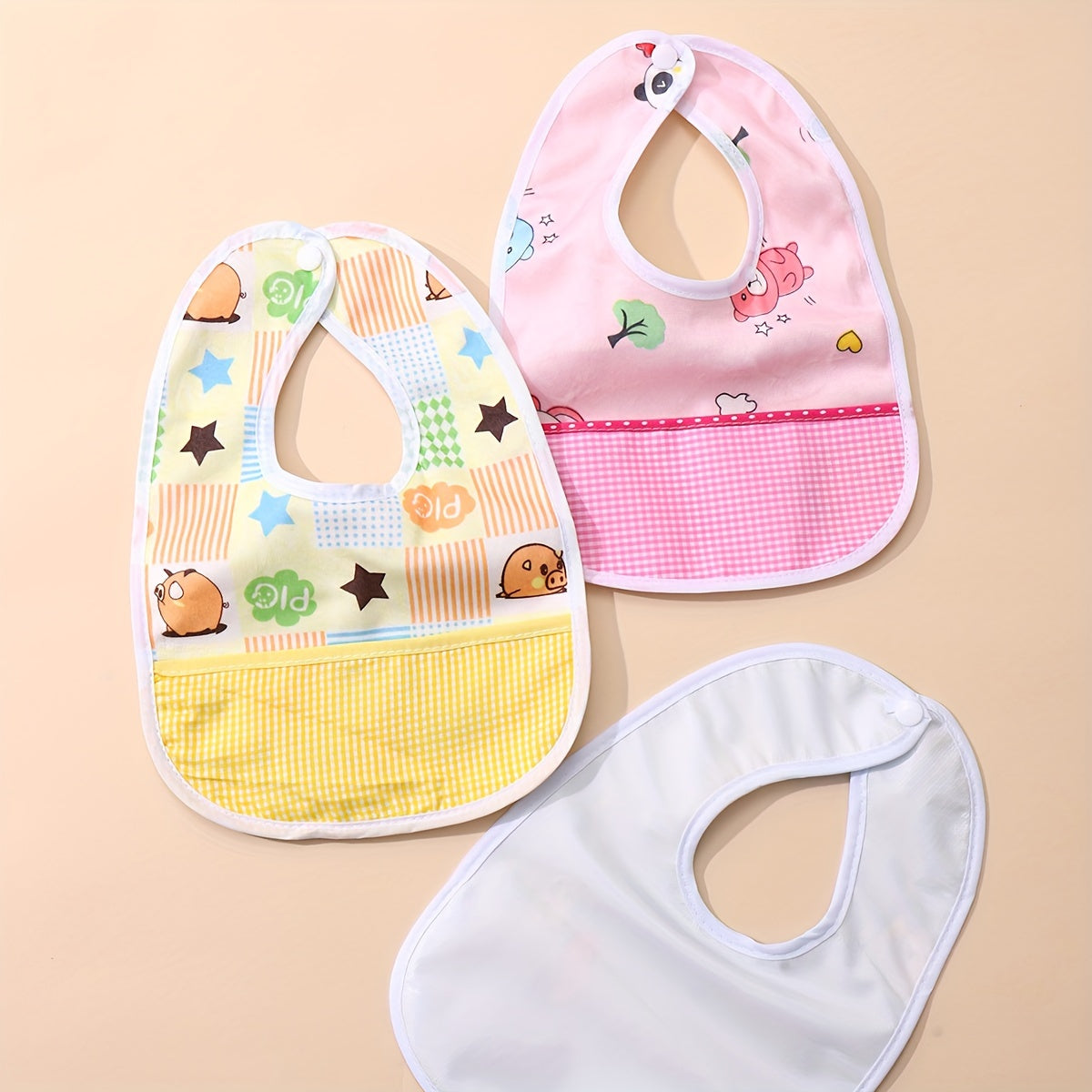 Set of 3 Waterproof Baby Bibs with Cartoon Designs for Feeding and Drooling