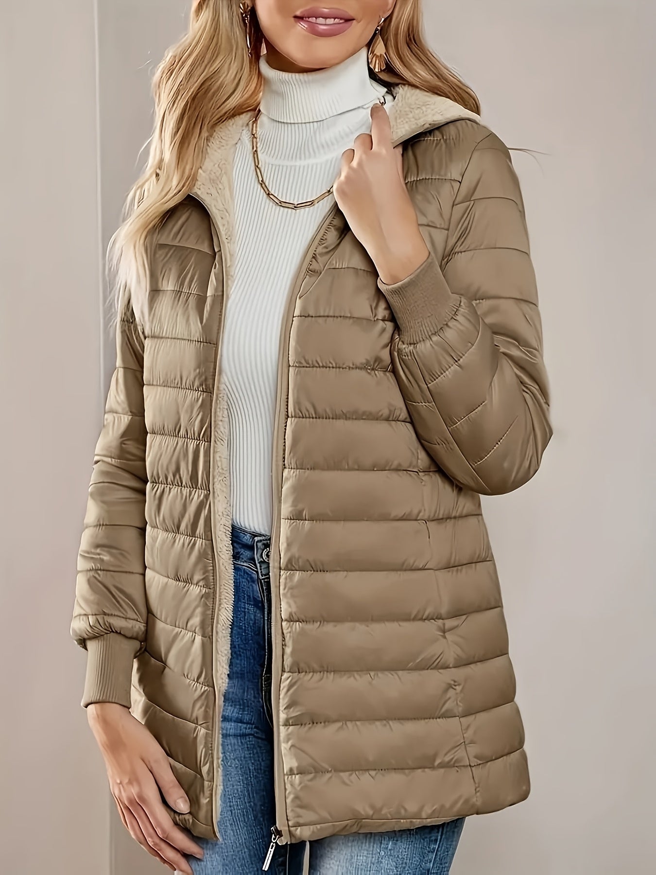 Women's Polyester Long Jacket with Long Sleeves and Pockets