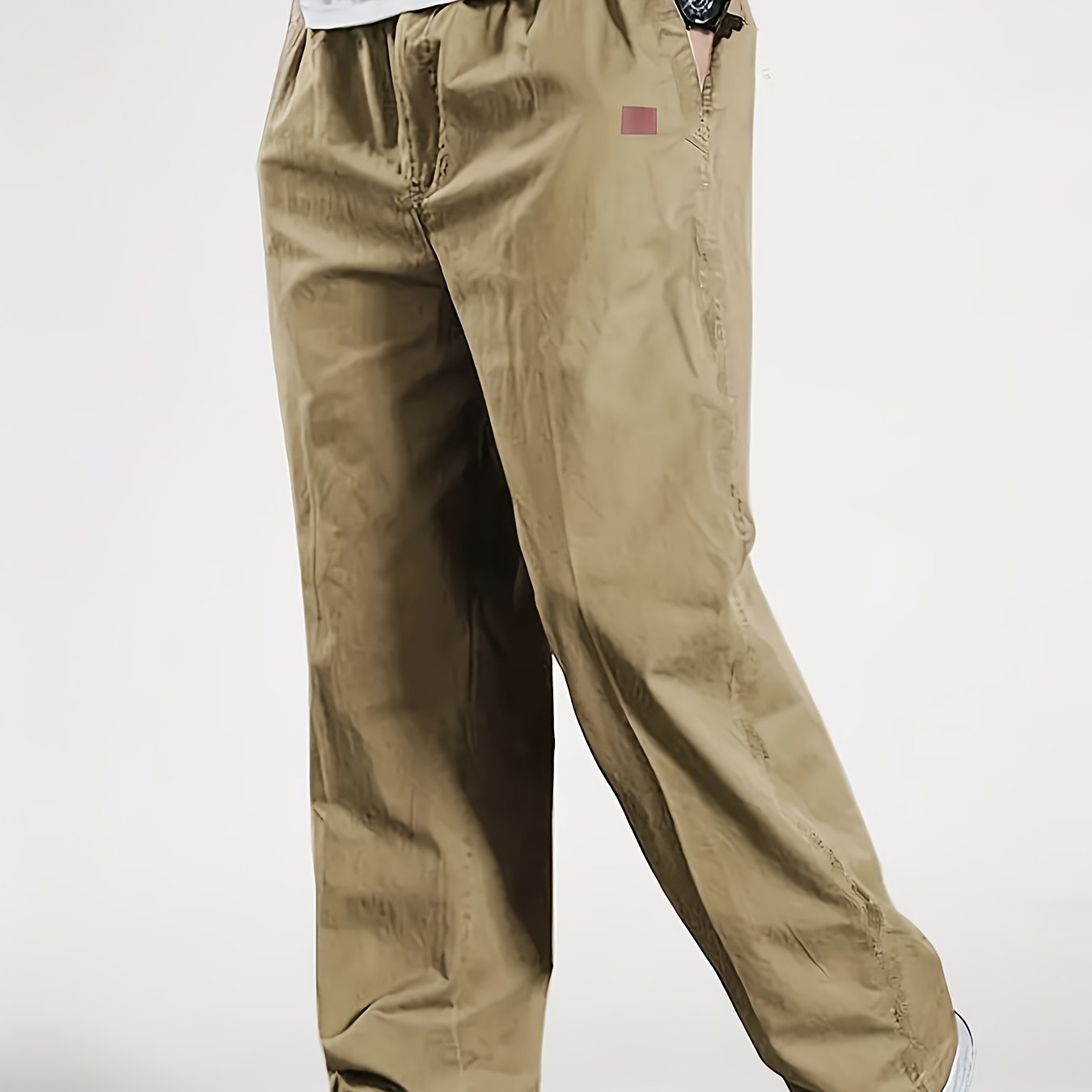 Men's Slim Fit Casual Pants with Pockets, Mid-Rise Drawstring Waist, Breathable Polyester