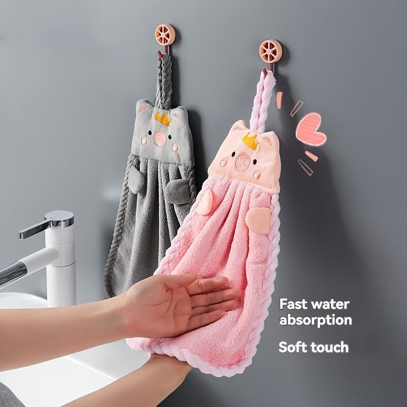 Absorbent Coral Velvet Hand Towel with Cartoon Pig Design for Kitchen Bathroom Living Room