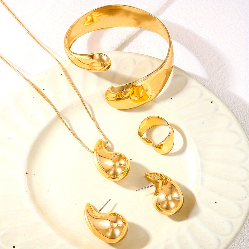 Gold-Tone Jewelry Set with Drop Earrings Necklace Bracelet Ring for Women